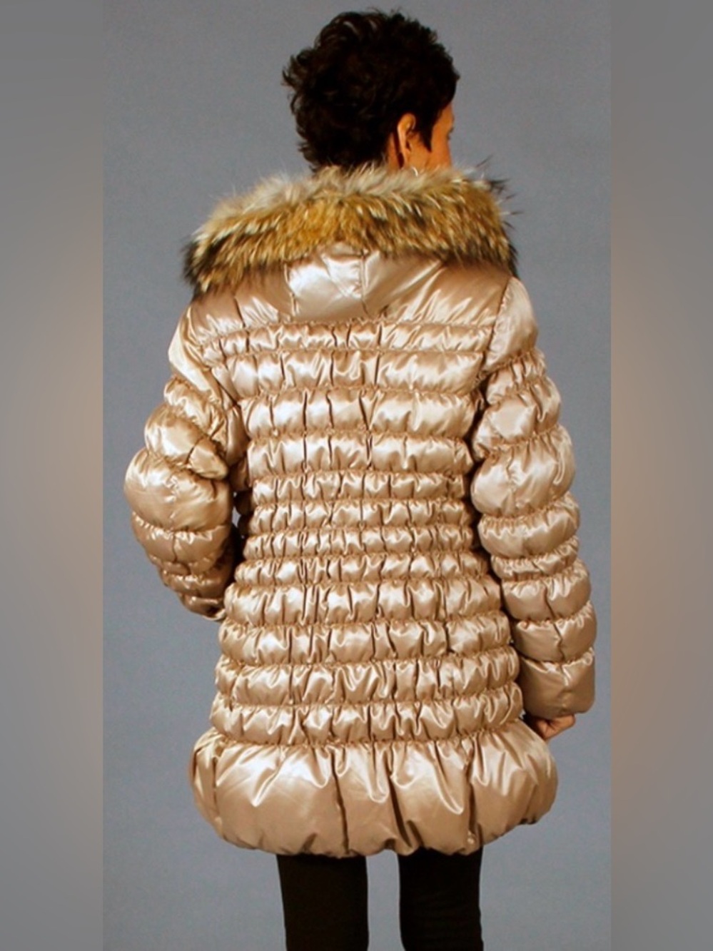 Corso Venezia Real Raccoon Fur Italian Down Parka Puffer Coat Satin Champagne - Picture 16 of 16